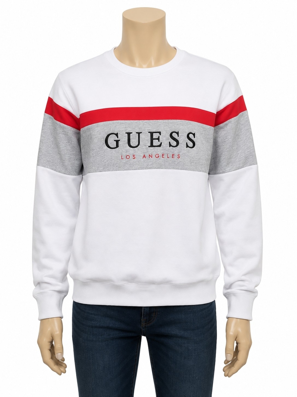 GUESS Men's White, Gray & Red Crewneck Sweatshirt with Chest Logo